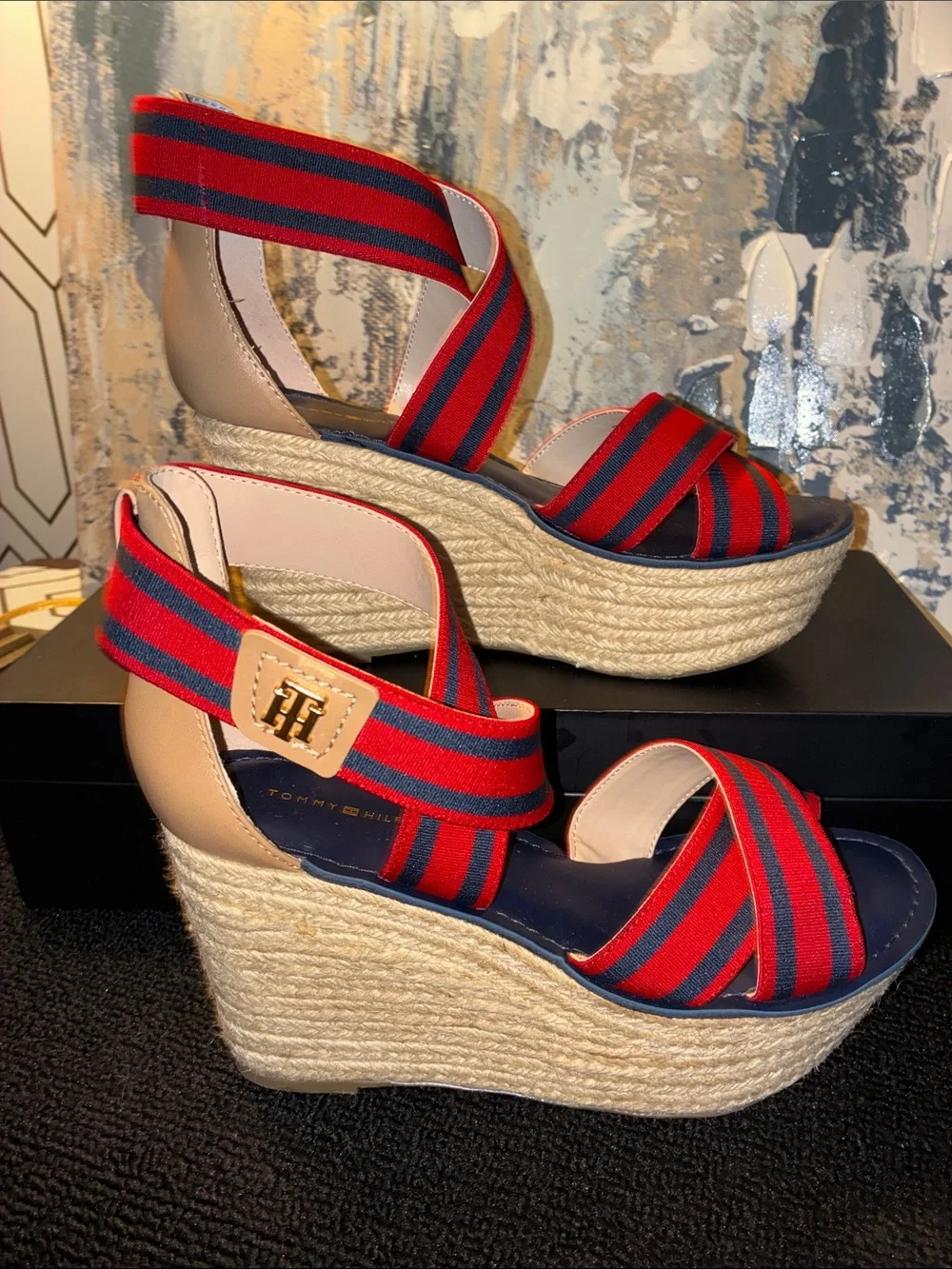 NWT Tommy Hilfiger Red & Navy Striped Espadrille Wedge Sandals Size 7.5